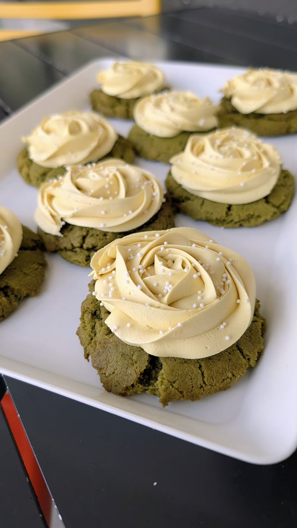 Matcha cookies with buttercream rosettes